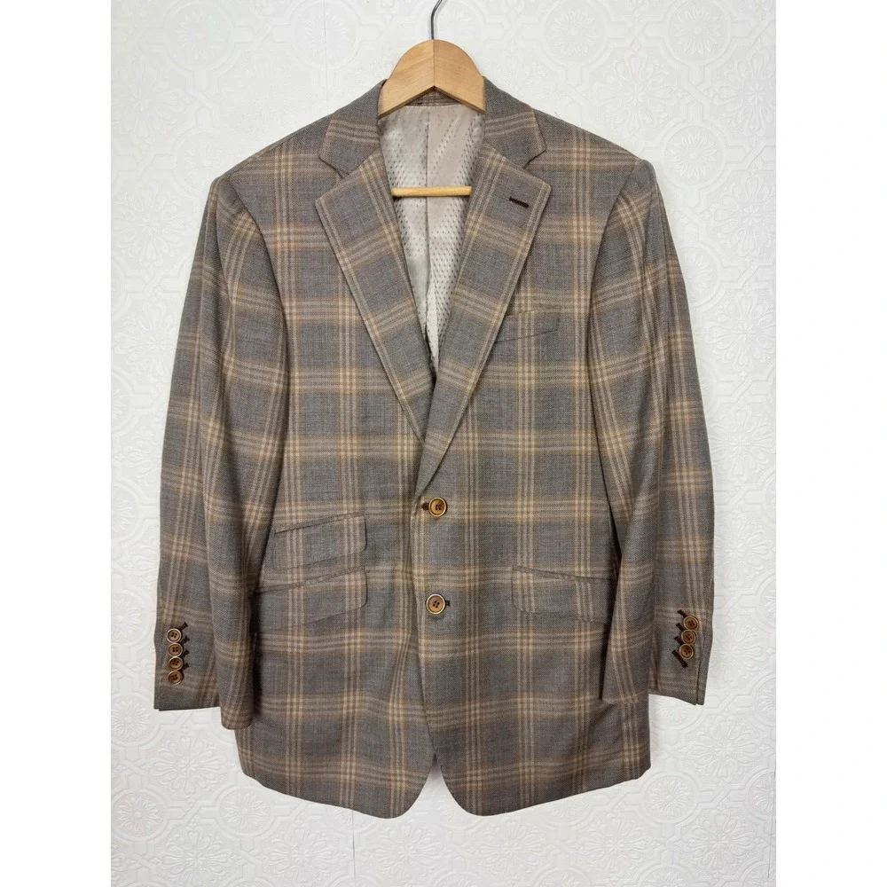 Custom Ermenegildo Zegna Wool Plaid Sport Coat Gray Tan Windowpane Suit 42 Short